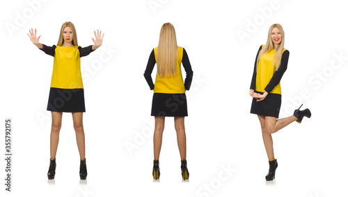 Blond hair girl in yellow and black clothing isolated on white