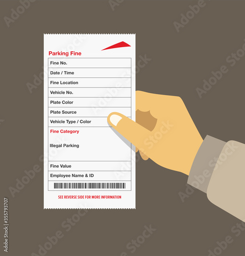 Hand holding a fine ticket. Dubai transport officer. Flat vector illustration.