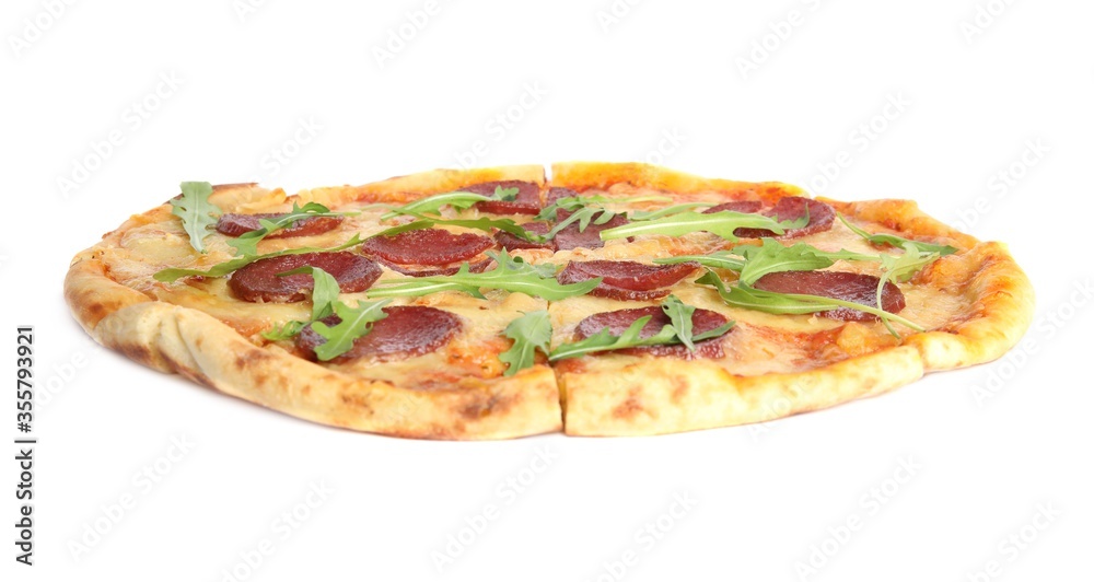 Tasty pepperoni pizza with arugula isolated on white