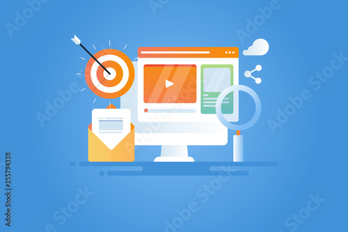 Digital marketing campaign for online website, targeting right customer with seo, email, social media and video marketing service. Flat design marketing web banner with blue background.