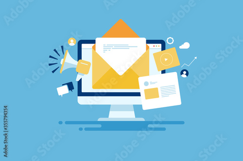 Reaching online audience with email marketing campaign, newsletter subscription, sending marketing message via email. Digital email marketing strategy.