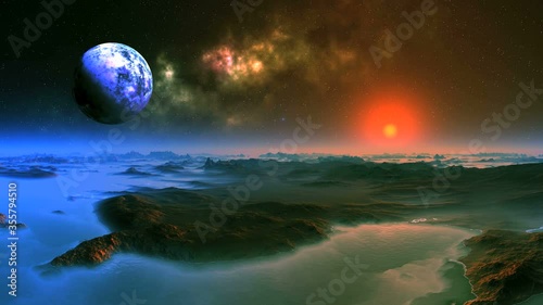 Red Sunrise. A bright sun slowly rises from the foggy horizon in a red halo. In the dark starry sky, a nebula and a blue planet. Mountain lakes are covered with blue mist.
