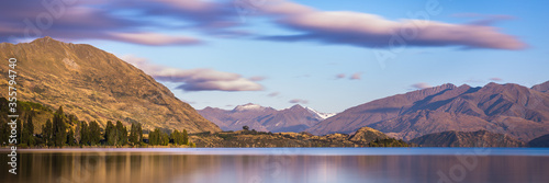 Mountain Lake Sunrise Landscape. Lake Wanaka New Zealand. Beautiful Morning L...