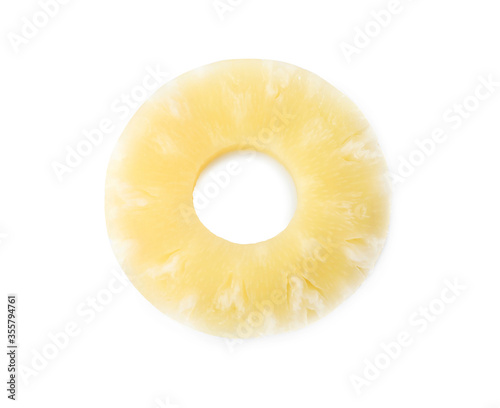 Delicious canned pineapple ring on white background, top view