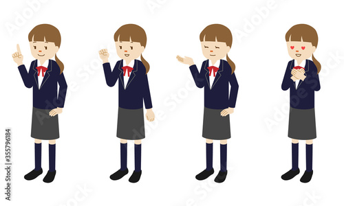 Illustration set of 4 poses of a female High school student standing