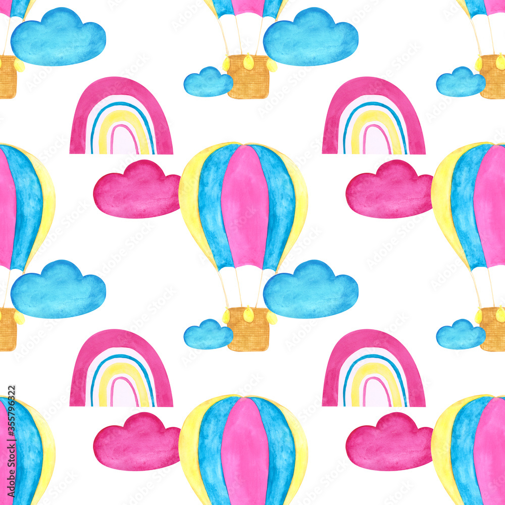 Colorful hot air balloon, blue and pink clouds, rainbow seamless pattern on white background. Watercolor aerostat on the sky with clouds endless print for your design. Cute children backdrop.