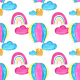 Colorful hot air balloon, blue and pink clouds, rainbow seamless pattern on white background. Watercolor aerostat on the sky with clouds endless print for your design. Cute children backdrop.