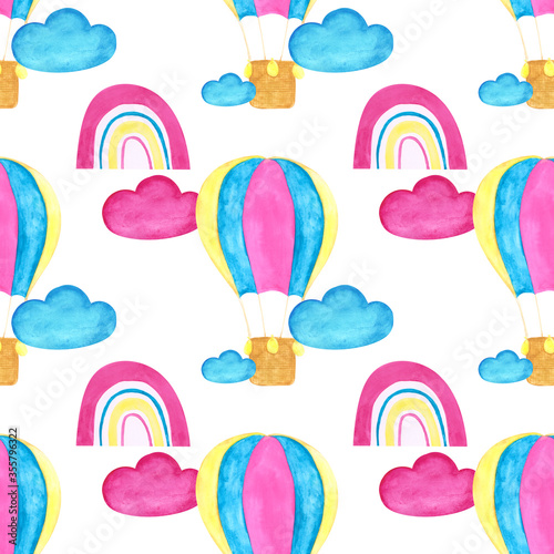 Colorful hot air balloon, blue and pink clouds, rainbow seamless pattern on white background. Watercolor aerostat on the sky with clouds endless print for your design. Cute children backdrop.