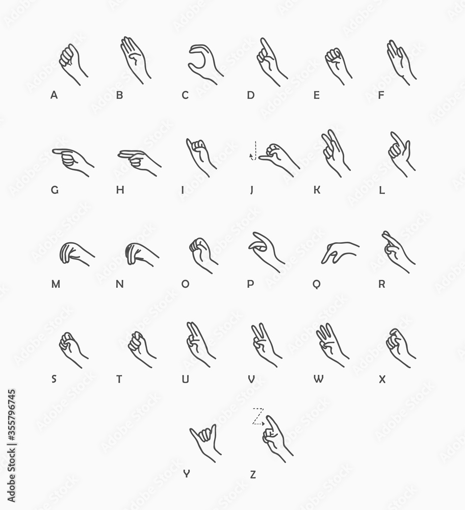 American Sign Language Alphabet Vector Set, a hand drawn vector set illustration of ASL. Stock