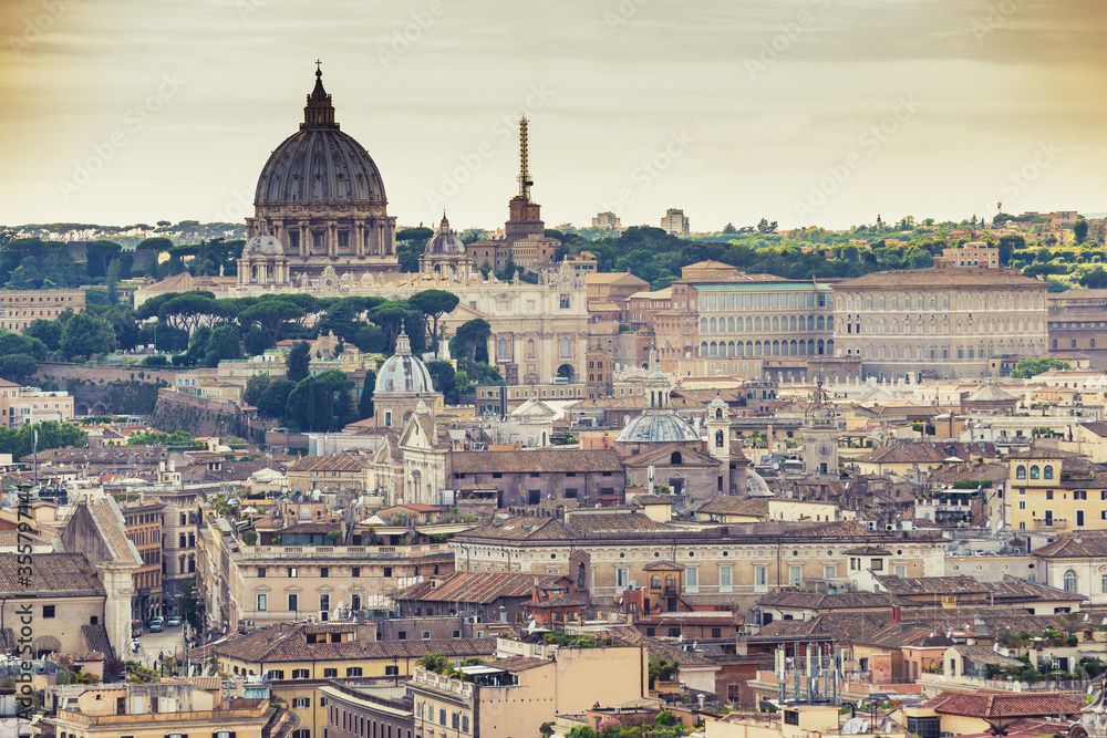 Rome Vatican Italy high angle view sunset city skyline in Retro