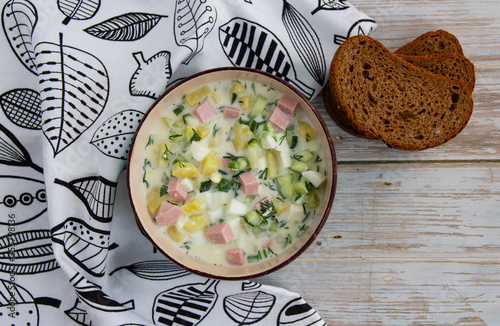 Okroshka cold soup with vegetables and herbs