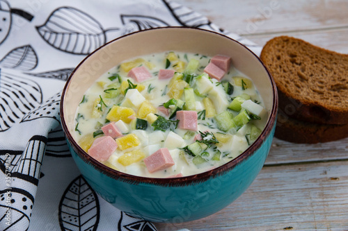 Okroshka cold soup with vegetables and herbs