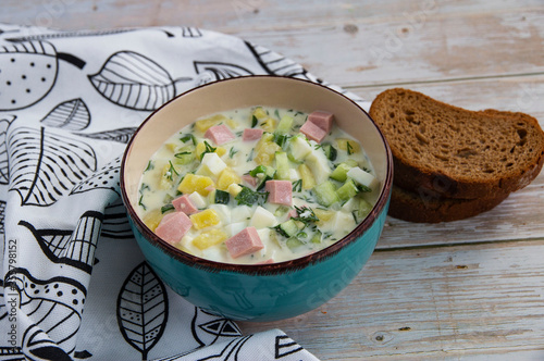 Okroshka cold soup with vegetables and herbs