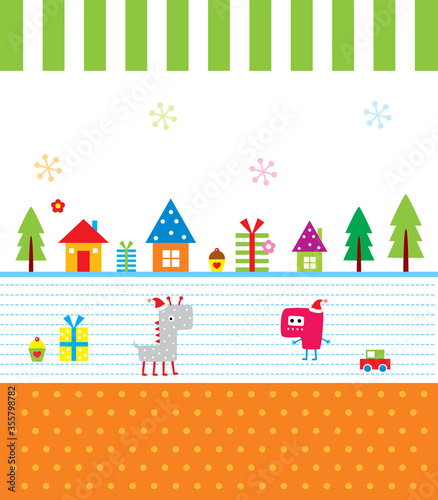 cute monster merry christmas greeting card vector