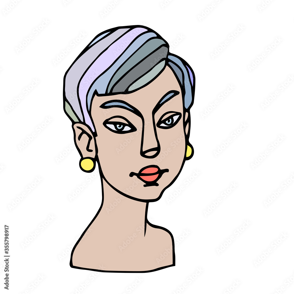 head of an asian japanese young albino girl with almond eyes, avatar, color vector illustration with black contour lines isolated on a white background in a hand drawn and cartoon style