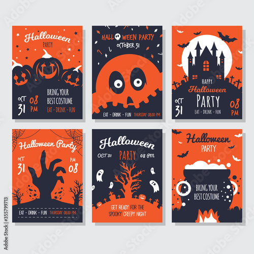 Set of Halloween party invitations, greeting cards, or posters with calligraphy, cutest pumpkins, bats and candy in night clouds. Design template for advertising, web, social media. 