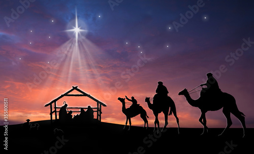 Obraz na plátne Christmas nativity scene of baby Jesus in the manger with Joseph, Mary, shepherd