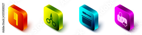 Set Isometric Hairbrush, Scissors, Sauna bucket and ladle and Bar of soap with foam icon. Vector