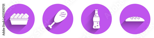 Set Chicken nuggets in box, Chicken leg, Bottle of water and Bread loaf icon with long shadow. Vector