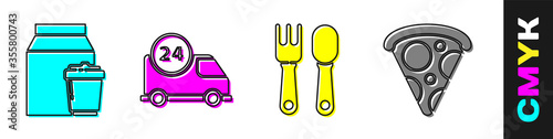 Set Online ordering and delivery, Fast delivery by car, Fork and spoon and Slice of pizza icon. Vector