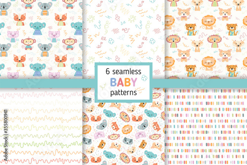 Set of seamless baby patterns for fabric, gift paper, cards. Vector illustration.