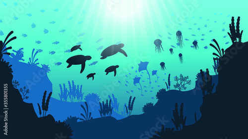 Abstract Blue Underwater Ocean Sea Nature Background Vector With Fish And Shadows Seaweed