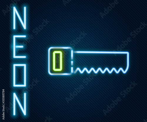 Glowing neon line Hand saw icon isolated on black background. Colorful outline concept. Vector Illustration