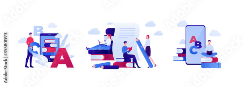 Online language school and education concept. Vector flat people illustration set. Bundle of icon with abc letter, smart phone, stack of book, pen, paper. Man and woman character. Design element.