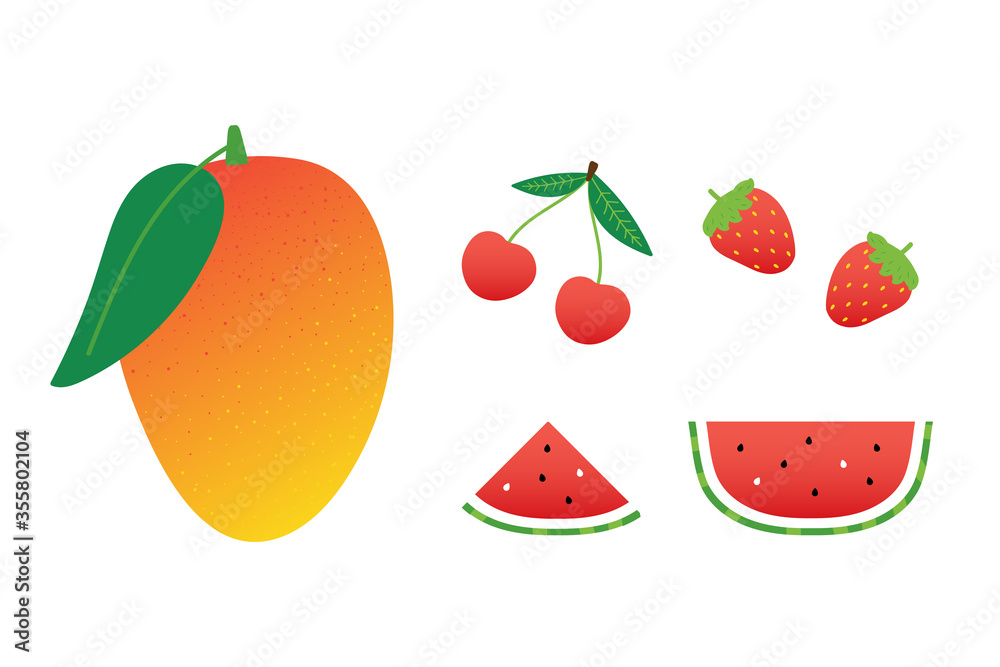 Fototapeta premium Set, collection of colorful cartoon style summer fruits and berries. Mango, cherry, strawberry, watermelon icons.