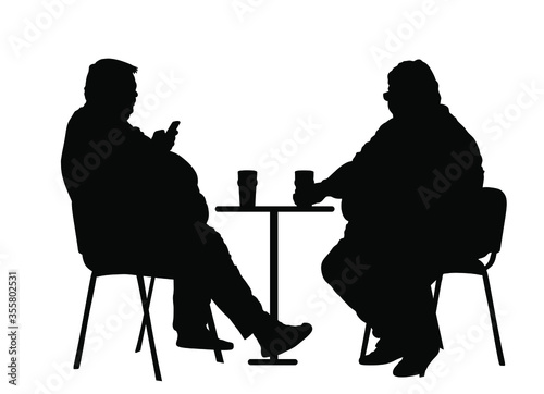 Fat friends sitting and drinking beer in pub vector silhouette isolated. Big boys talking and enjoy in drink. Overweight person trouble with food calorie. Breathless sweaty man with mobile phone.
