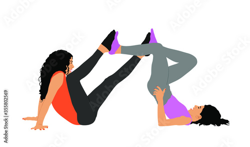 Two girls mat exercises, bicycle pose on the floor for warming up, vector illustration isolated on white background. Body strain, racking. Art pose. Active healthy sport life. Worming up stretching.