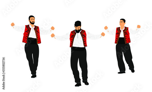 A Greek Evzone dancing vector isolated on white background. Traditional folk dance. Dancer man vector illustration. Balkan Greece folklore kolo. Sirtaki, syrtaki . People on wedding dance ceremony.