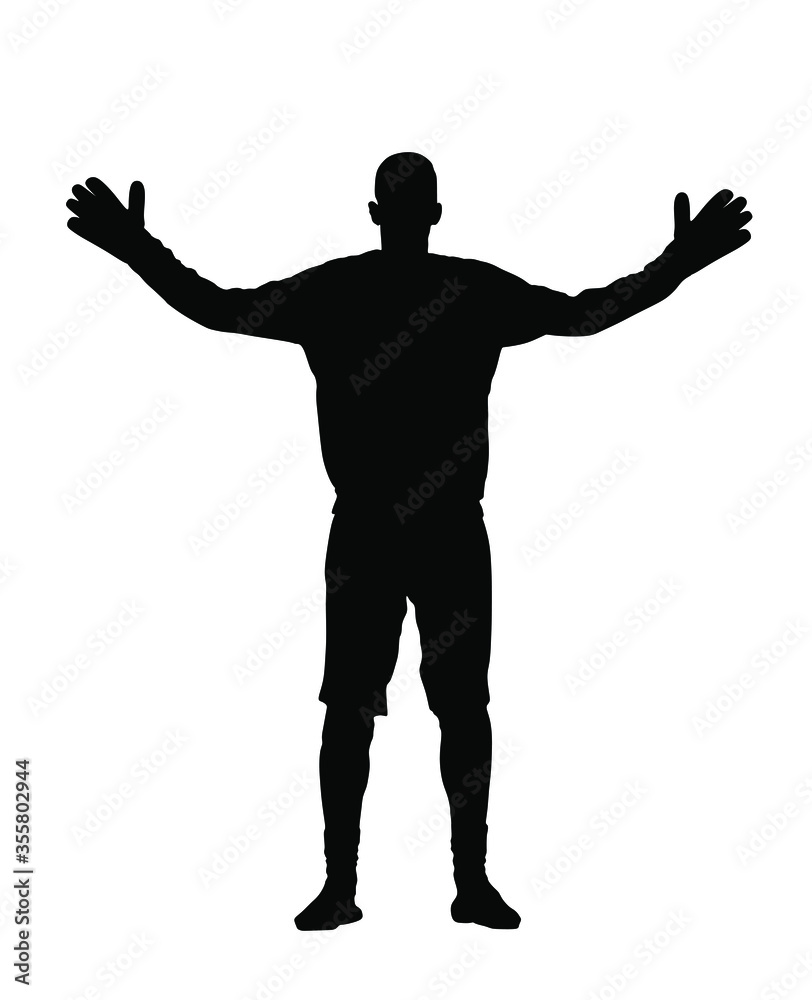 Goalkeeper on goal defends penalty. Soccer player in action vector silhouette isolated on white background. Football player. Goalkeeper defense position.  Defender sportsman position. Save penalty.