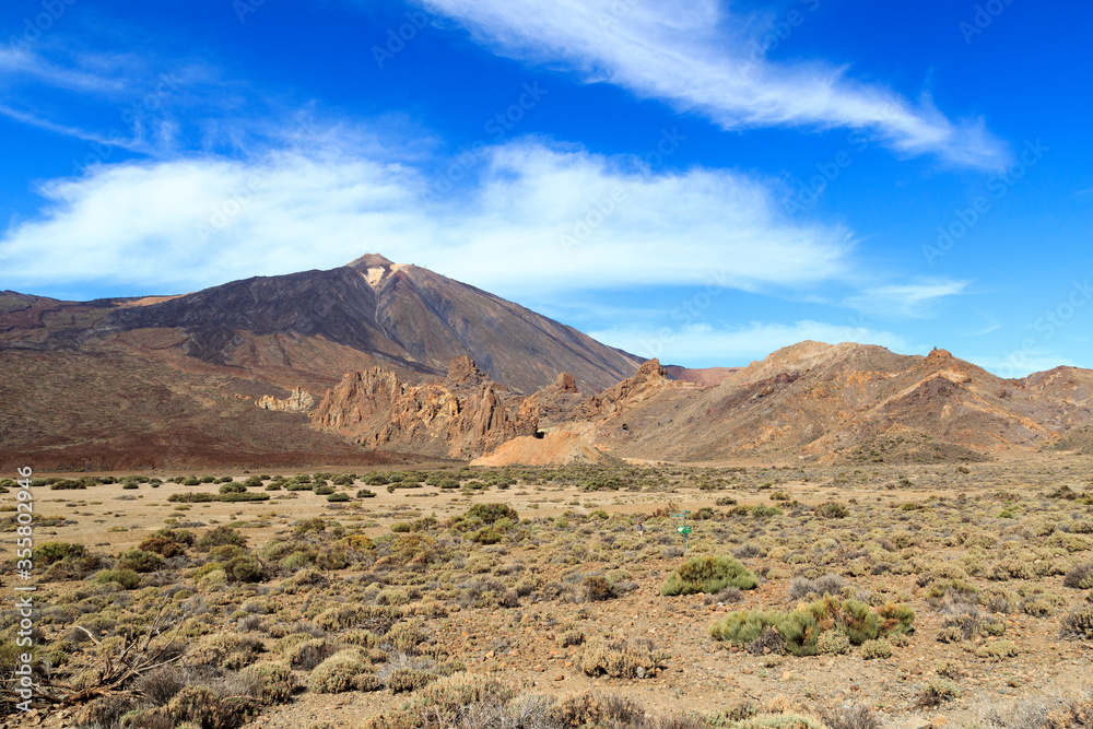 Volcano Mount Teide peak and rock formations Roques de Garcia in Teide National Park on Canary Island Tenerife, Spain