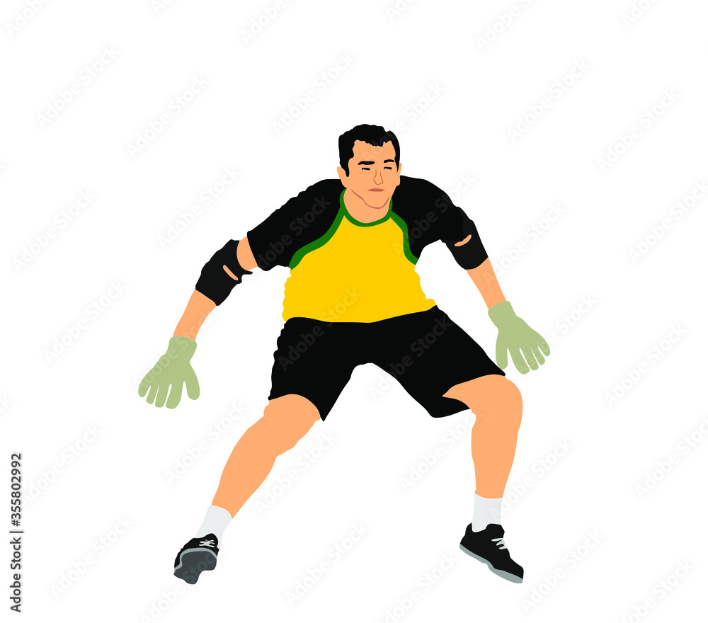 Soccer goalkeeper in front of goal net vector illustration. Football goal keeper net isolated on white background. Defender sportsman position. Save penalty. Active sport boy. Man on goal Soccer goalkeeper in front of goal net vector illustration. Football goal keeper net isolated on white background. Defender sportsman position. Save penalty. Active sport boy. Man on goal