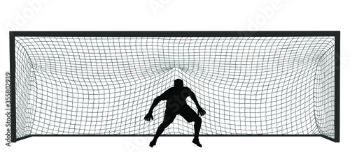 Soccer goalkeeper in front of goal net vector  silhouette illustration. Football  goal keeper net isolated on white background. Defender sportsman position. Save penalty. Active sport boy. Man on goal