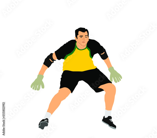 Soccer goalkeeper in front of goal net vector illustration. Football goal keeper net isolated on white background. Defender sportsman position. Save penalty. Active sport boy. Man on goal