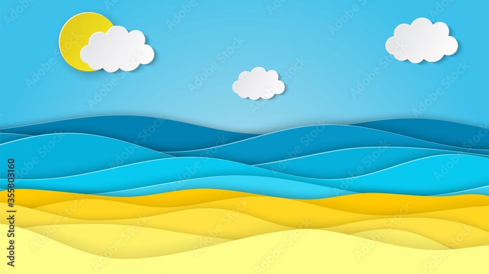 Sea landscape with beach, waves, clouds. Paper cut out digital craft style. abstract blue sea and beach summer background with paper waves and seacoast. Vector illustration