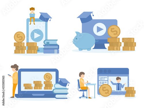 Student learning investment online courses. Concept Illustration of investment education for training, studying, e-learning, and online course.