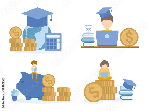 Student learning investment online courses. Concept Illustration of investment education for training, studying, e-learning, and online course.