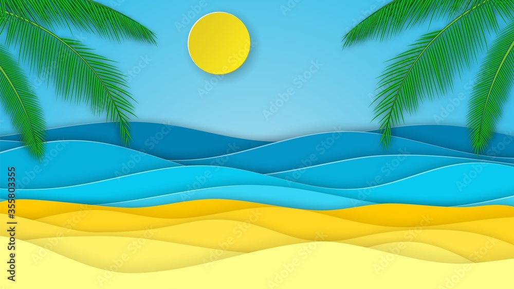 Sea waves and the beach cut from paper. The concept of summer recreation and tourism. Template for booklet, invitation, banner, poster. Vector illustration