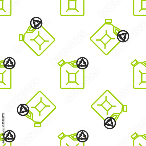 Line Eco fuel canister icon isolated seamless pattern on white background. Eco bio and barrel. Green environment and recycle. Vector Illustration