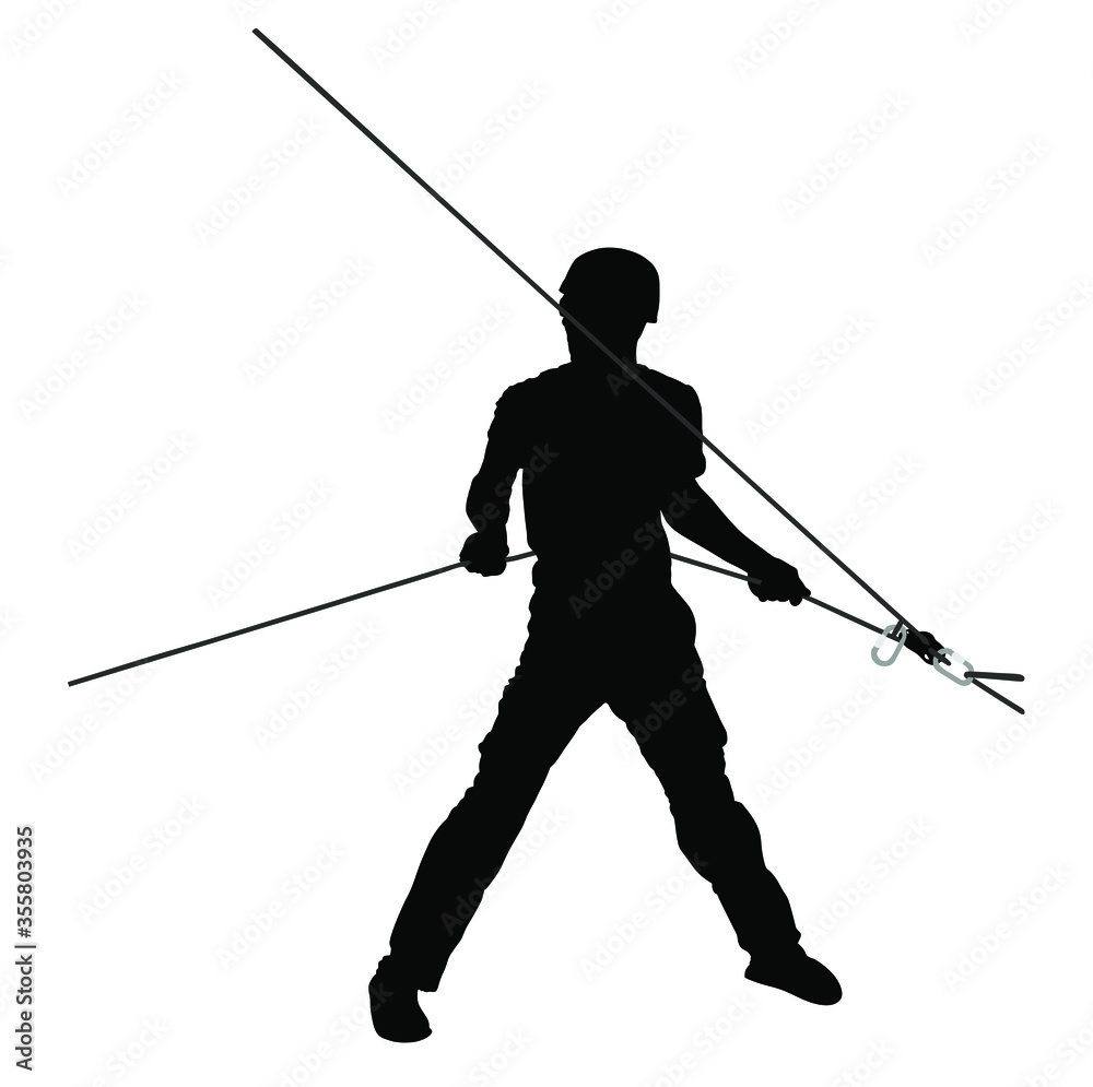 Man with rope rock climbing instructor guides to climber up on rock vector silhouette isolated on white. Extreme sports boy climbs with rope. Sport action in adventure park. Alpinist rescue team. Man with rope rock climbing instructor guides to climber up on rock vector silhouette isolated on white. Extreme sports boy climbs with rope. Sport action in adventure park. Alpinist rescue team.