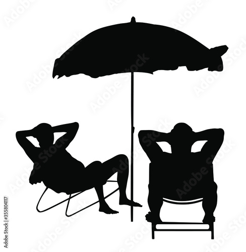 Retired old man on vacation sitting in beach chair, vector silhouette. Senior friends sunbathing under parasol. Man enjoy in summer day. Free time in resort. Enjoying in sun. Relaxing and funny talk