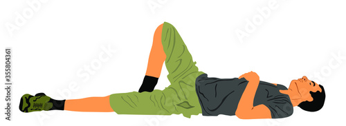 Homeless man sleeping on street in park vector. Migrant from Middle East resting on ground. Social crises. Refugee boy sleep.  Unconscious collapsed man laying down. Tired boy rest in park.