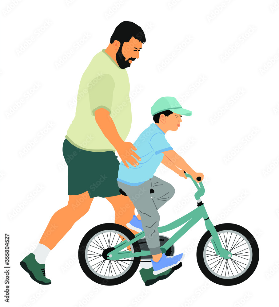 Happy family, father teaching his son riding a bicycle vector illustration isolated on white background. Dad teaches little boy to ride a bike. Fathers day. Outdoor sport and recreation.