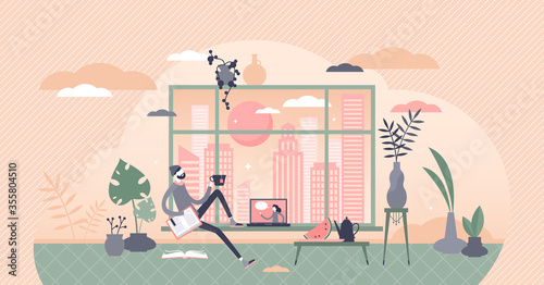 Free time vector illustration. Relaxing at home flat tiny persons concept. #355804510