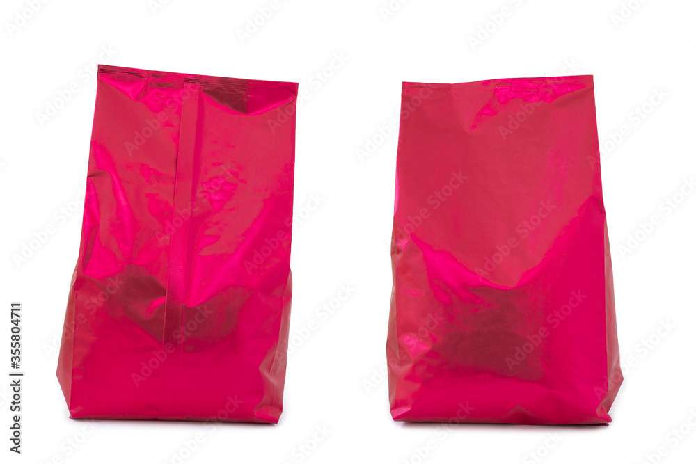 Plastic foil bags on both the front and back isolated on white background, Bags for putting coffee beans Plastic foil bags on both the front and back isolated on white background, Bags for putting coffee beans