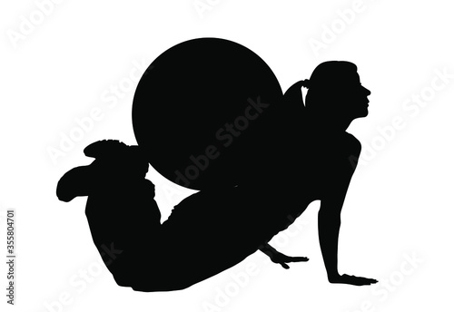 Young woman on the floor exercise in gym vector silhouette illustration. Fit lady on pilates treatment. Losing weight concept. Fitness girl workout and doing push up. Health care active, worming up.