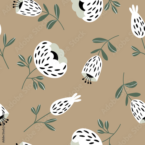 Seamless floral pattern based on traditional folk art ornaments. White and black flowers. Scandinavian style. Sweden nordic style. Vector illustration. Simple minimalistic pattern with nature element.